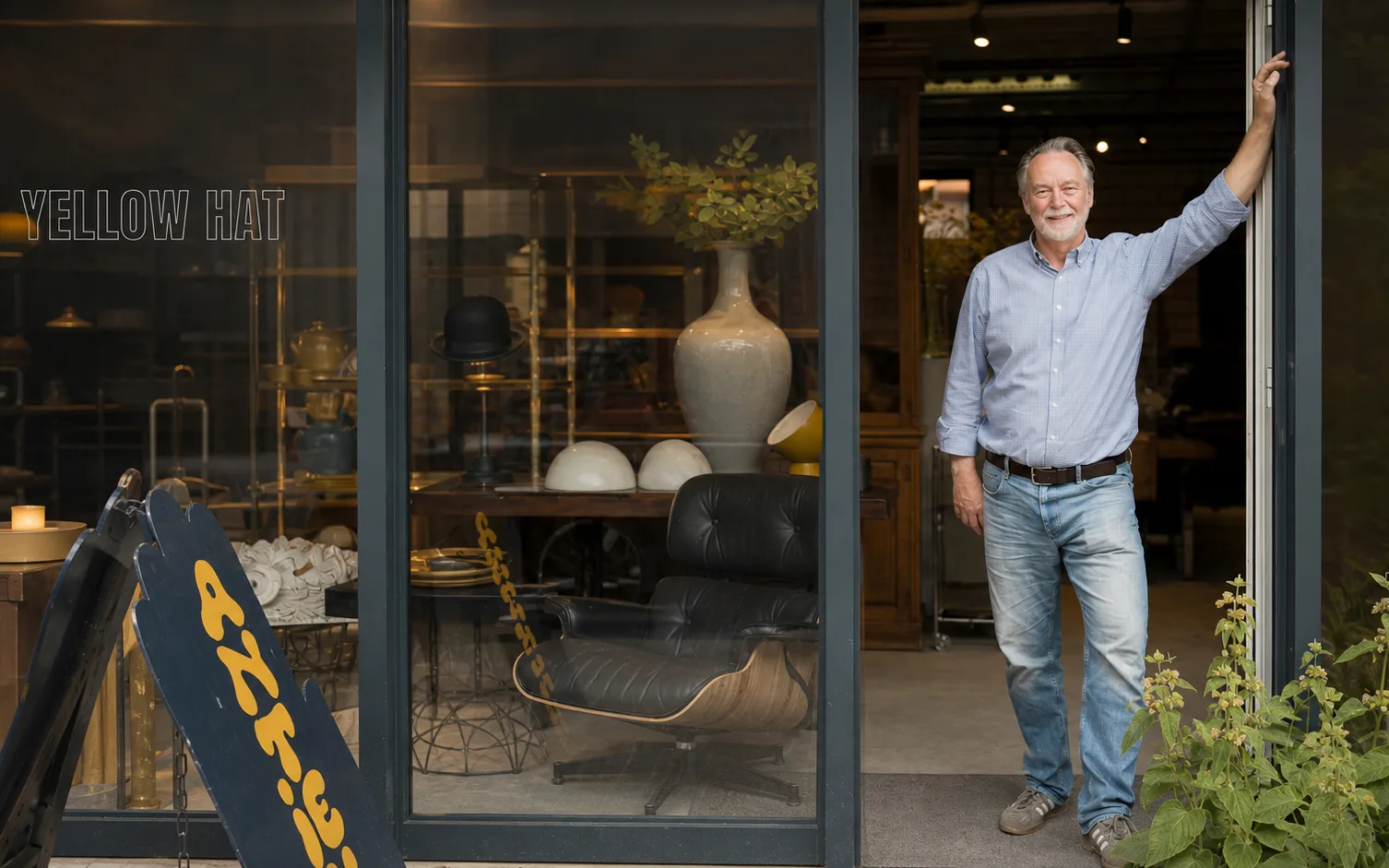 De winkel aan het Vierwiekenplein, met de deur open en de etalage vol antiek