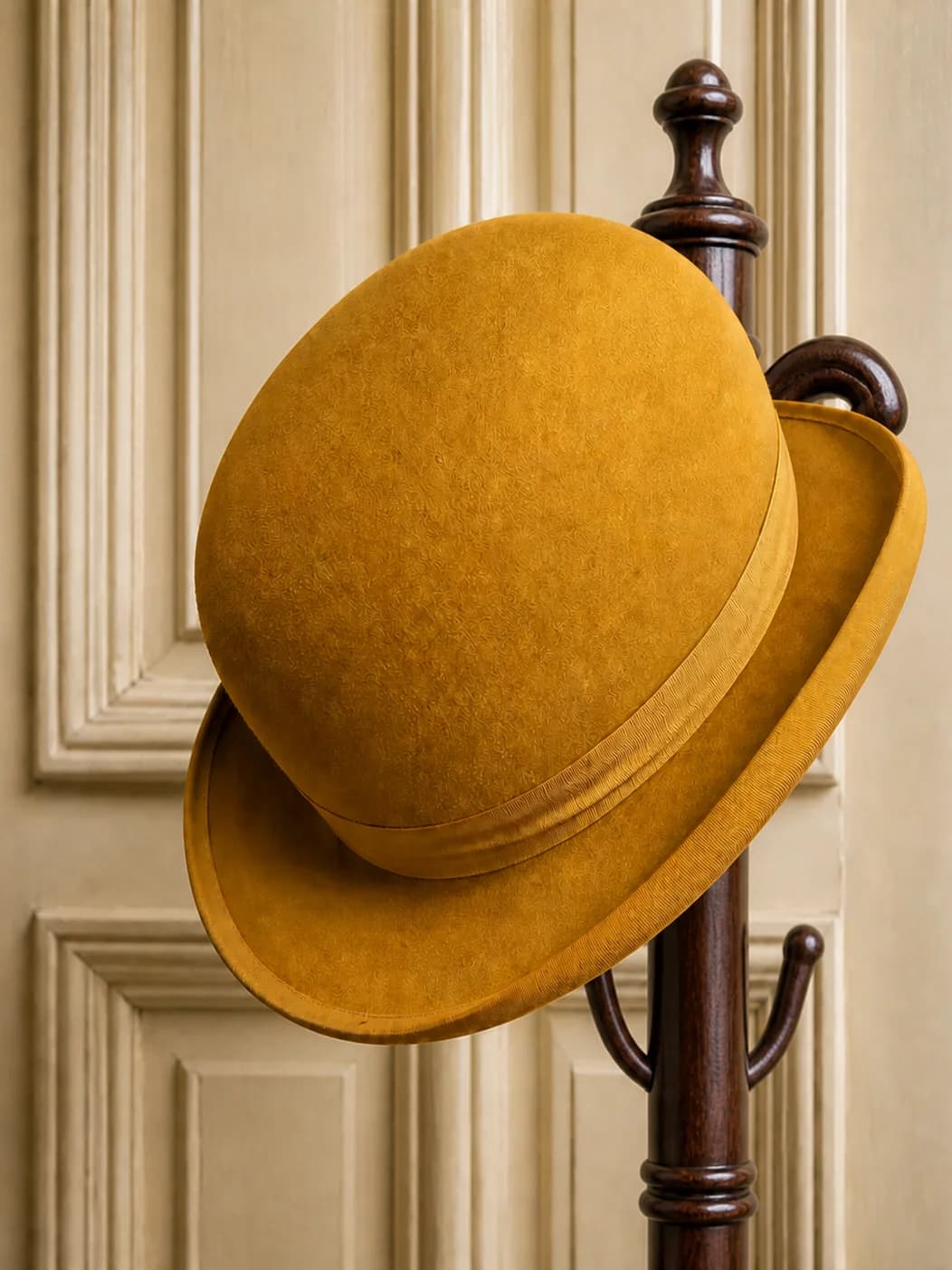 Een okergele bolhoed aan een houten kapstok, voor een geschilderde paneeldeur